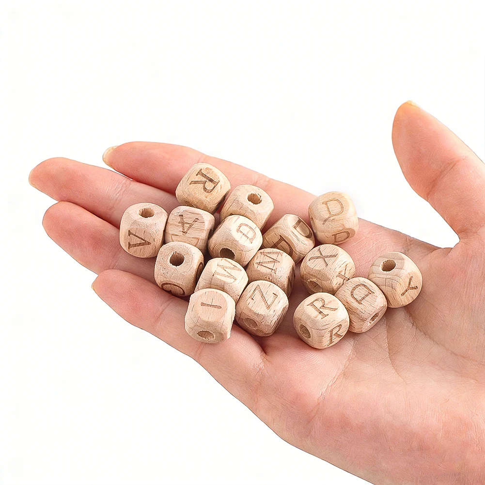 20PC Beech Alphabet Square Wooden Beads Round Hole Centre Easy Threading Stringing for DIY Keychain Bracelet Jewelry Accessories