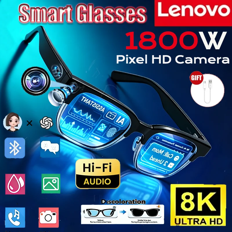 Lunettes Intelligentes Lenovo 8K HD 1800MP pour Hommes et Femmes avec Traduction, Appels Mains Libres, Enregistrement de Chat IA, Lecture Musicale et Fonction Lunettes de Soleil Intelligentes