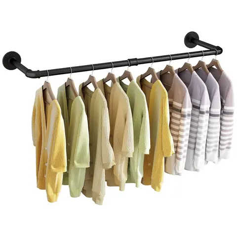 36" Wall Mounted Clothes Rack Industrial Pipe Garment Rack Heavy Duty Iron Hanging Rod Laundry Closet Storage Organizer