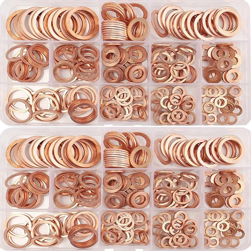 100/150/200/250/300PCS Copper Washer Gasket Nut and Bolt Set Flat Ring Seal Assortment Kit with BoxM6/M8/M10/M12/M14/M16/M18/M20