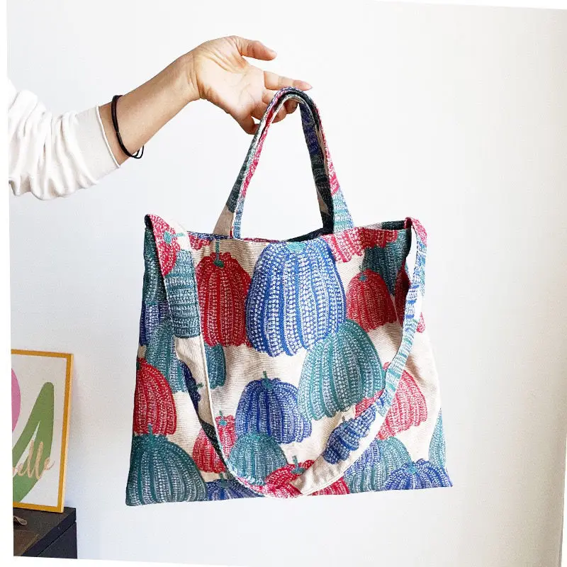 

JIAERDI Retro Pumpkin Embroidery Tote Bag Women Jacquard Fabric Large Capacity Shoulder Bag Ladies Everyday Casual Crossbody Bag