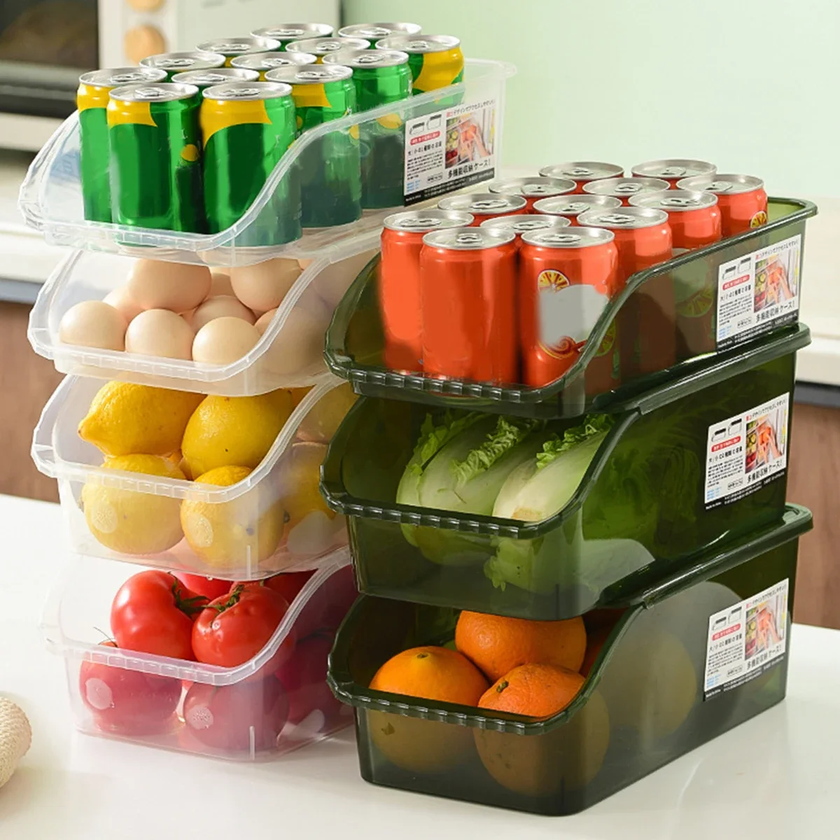 WORTHBUY Refrigerator Storage Box Stackable Storage Bins Kitchen Transparent Crisper Multifunctional Organizer Box With Lid