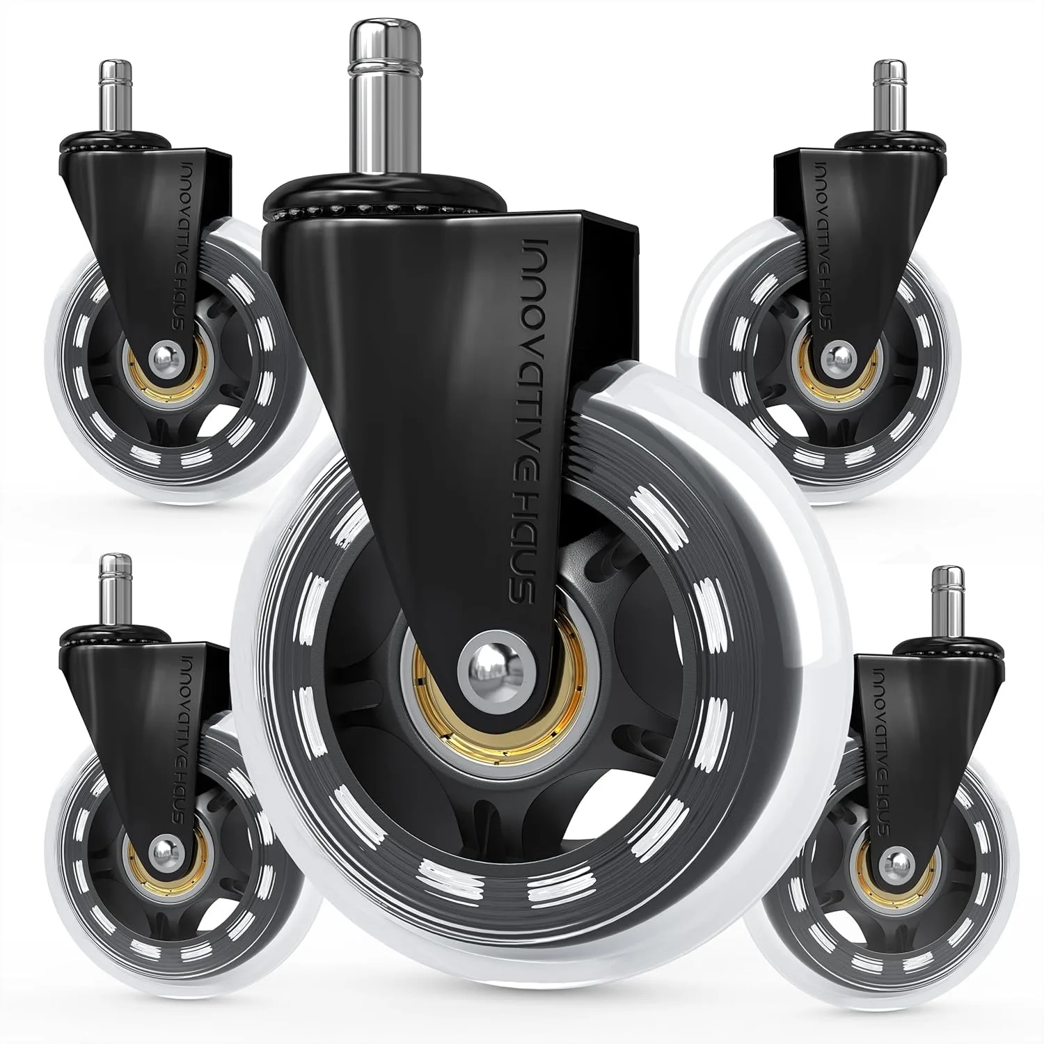 

Heavy Duty Office Chair Wheels Replacement Set of 5, 3" Clear Caster Wheels for Carpet and Hardwood Floors, Universal Fit, Quiet