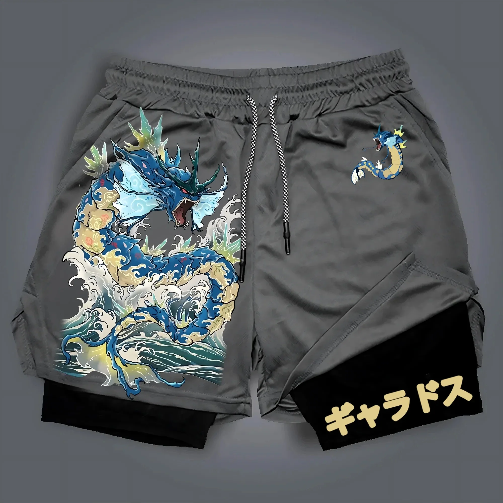 Pokémon Anime bedruckte graue doppellagige Sportshorts für Herren und Damen, Sommer, neue Fitness-2-in-1-Shorts, atmungsaktiv, schnell trocknend