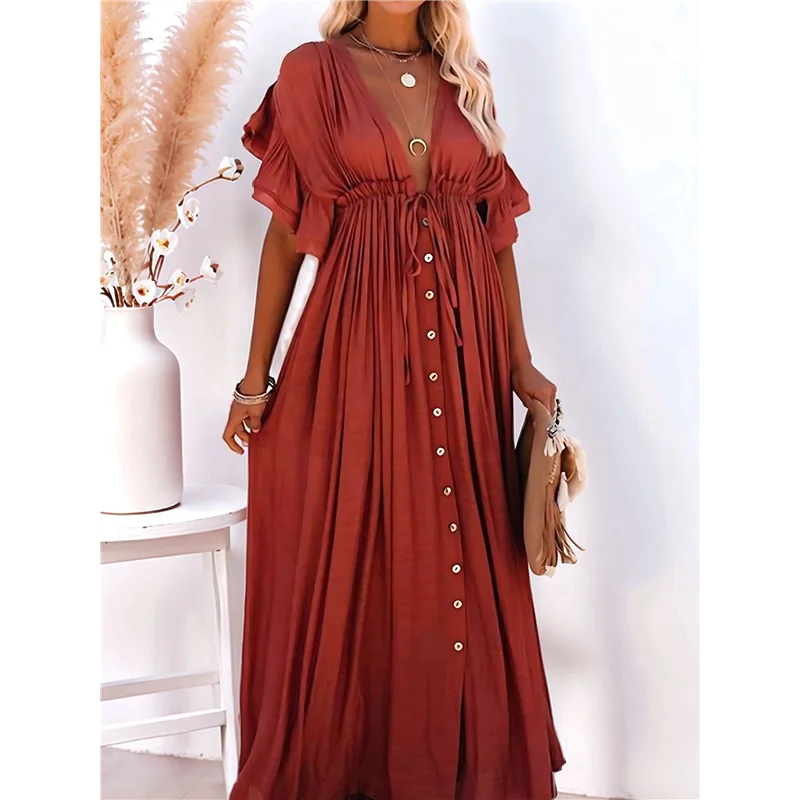 فستان شاطئ صيفي كاجوال للنساء، فستان طويل مكشكش بأزرار سفلية، فستان بوهو طويل