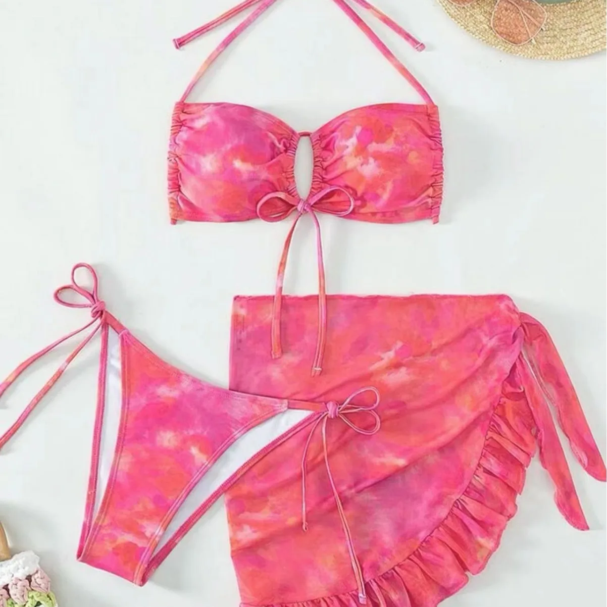 New Sexy Three-piece Neck Gauze Bikini Swimsuit With Skirt
