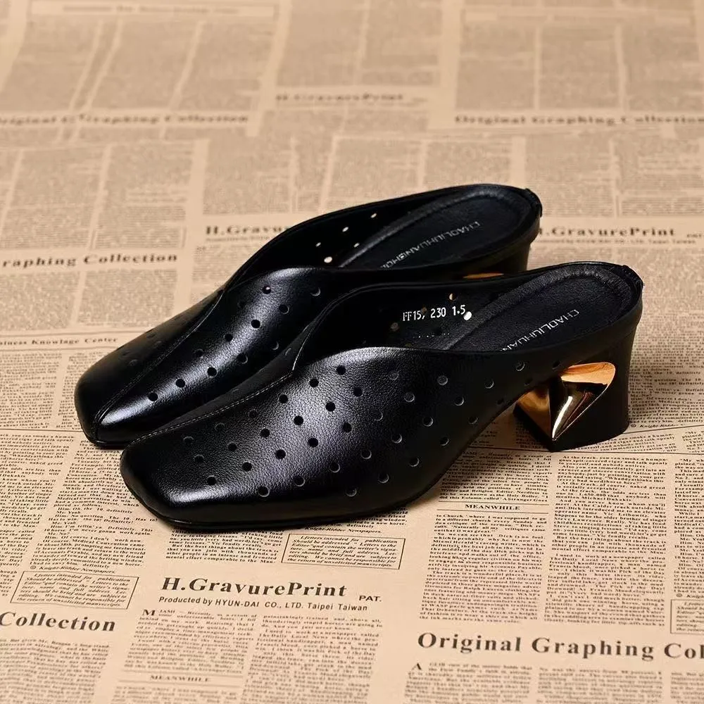 

Soft Leather Hollow Out High Heel Sandals Women's Outdoor Wear Spring Summer New Style Blue Head Cover Half Slippers