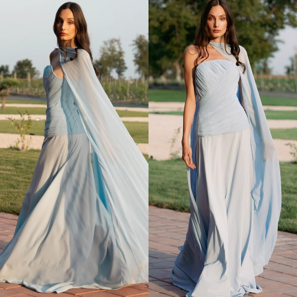 

Customized Fashion Blue Chiffon Evening Dress Exquisite Strapless Sleeveless Homecoming Dresses Soft Special Occasion Gowns