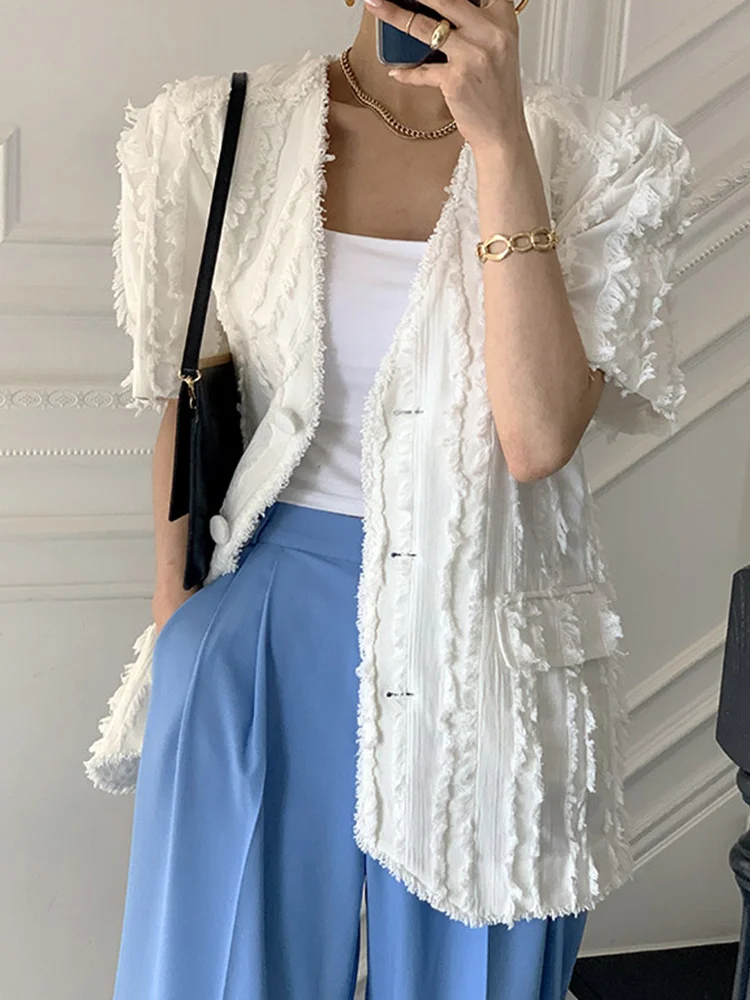 

Plain Coat For Female V Neck Short Sleeve Pockets Button Straight Loose Coats Women 2022 Summer Korean Fashion Clothing M123