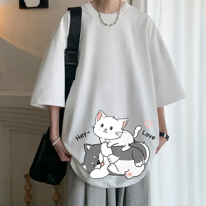 

Funny Men's Cotton T-shirts White Mens Oversized T Shirt 5XL Summer Casual Wear Cat Print Tee Shirts Big Size Male Clothes