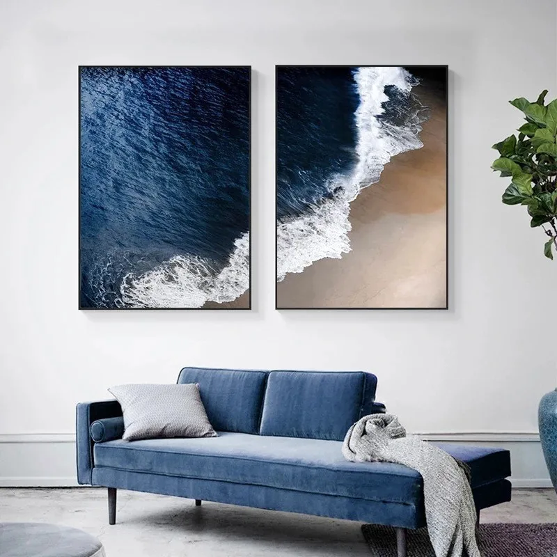 1/2 Stück, moderne Wanddekoration für das Wohnzimmer, rahmenlose Leinwandmalerei, blaue Meeres- und Strandlandschaft, Poster