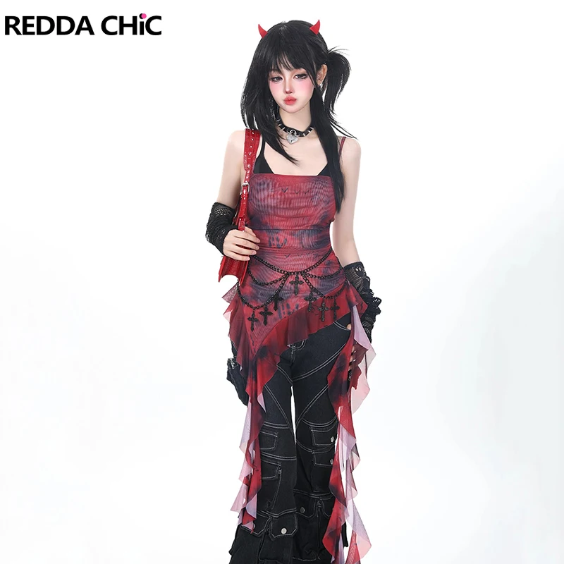 

REDDACHiC Grunge Fringe Trim Camisole Mesh Tie Dye Fitted Stretch Red Irregular Ruffle Pullover Top Vintage Summer Women Clothes
