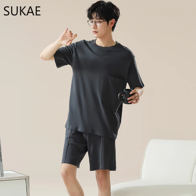 SUKAE Summer Men Sleepwear Cotton Pajamas Set Short Sleeves Shorts Nightwear for Boy L-3XL Young Man Pijamas Pullover Homesuits