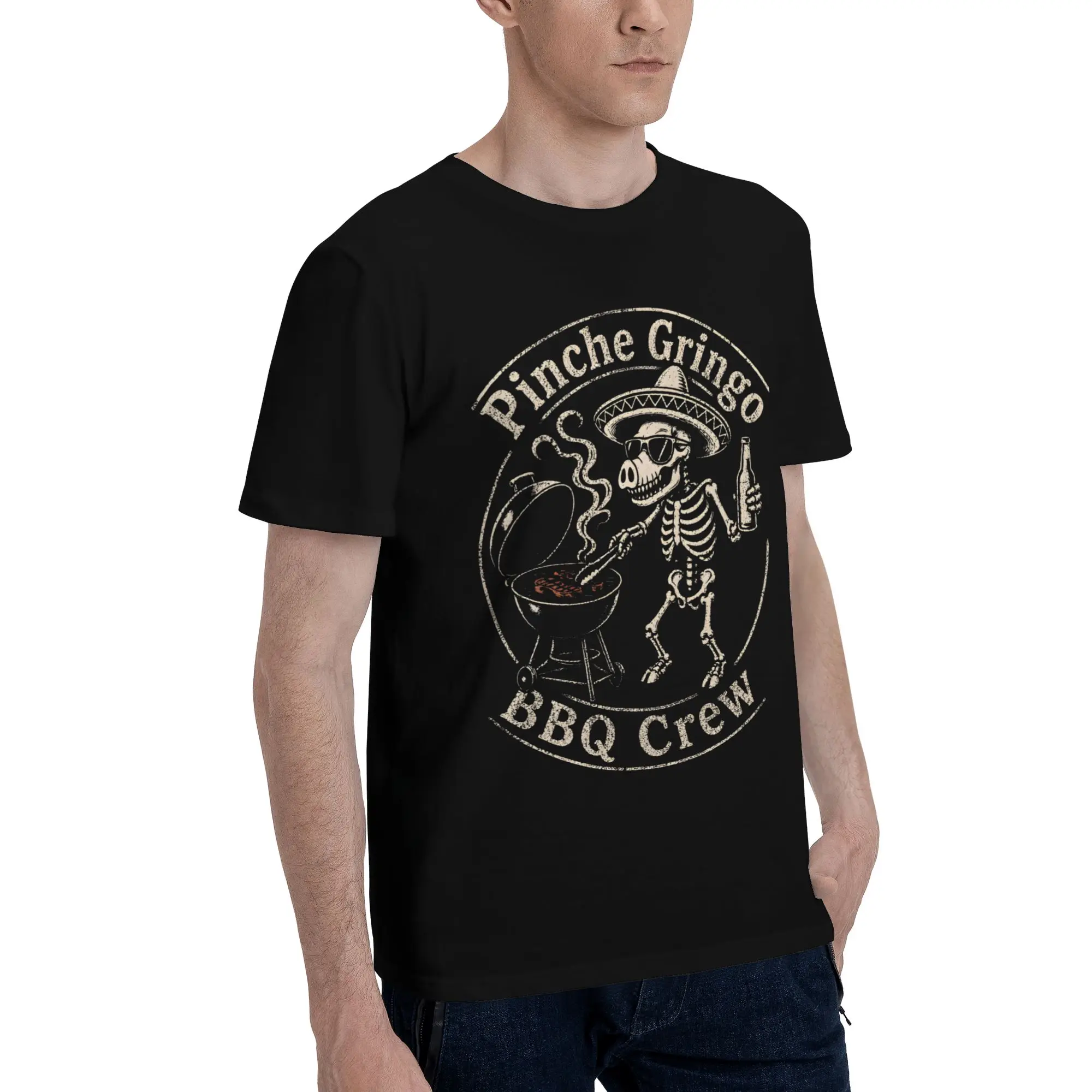 Men Women Pinche Gringo BBQ Crew Skeleton Grilling Beer Shirt Pure Cotton Graphic Printing Tee Shirts  Clothing Outfits