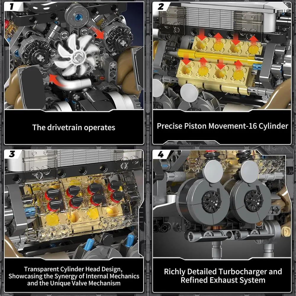 16-Cylinder V8 Engine STEM Building Set, 952+ Pieces, Construct Your Own Running Car Engine Model Toy