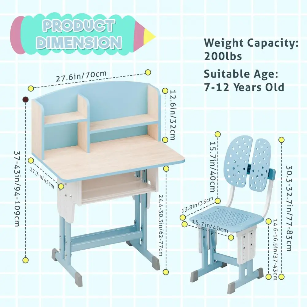 2Pcs/Set Kids Desk Chair Set, Adjustable Height School Leaning Table Chair Set with Drawer Design, Children Desk Chair Set with
