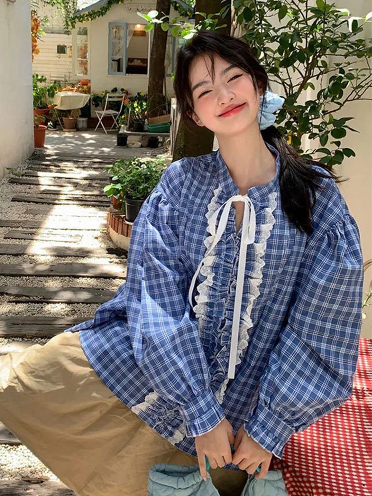 

Sweet Casual Plaid Shirts Women Loose Preppy Lace Up Bow Korean Blouse Ruffles Patchwork Long Sleeve Baggy Student Kawaii Tops