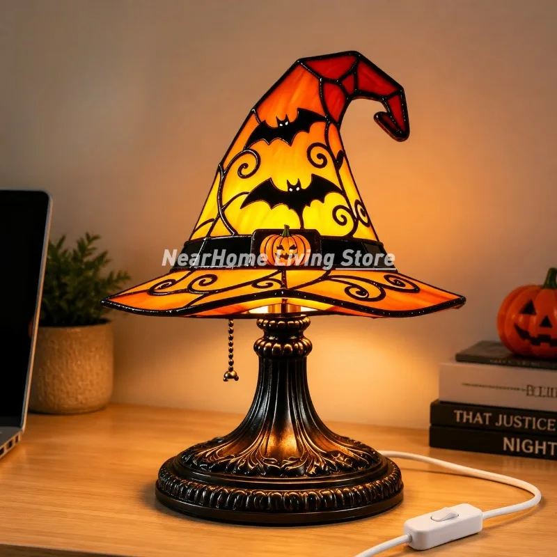 18x11.5x11.5cm Gothic Witch Hat Night Light USB Powered Resin Stained Home Halloween Party Table Lamp