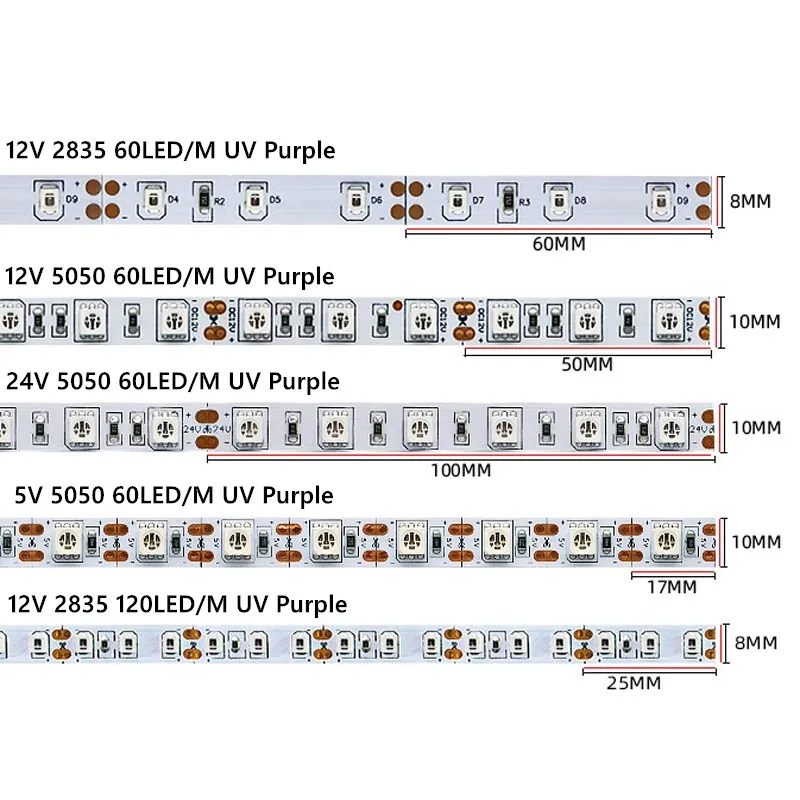 Taśma Led 12V 24V SMD 5050 2835 60/120 LED/M promieniowanie ultrafioletowe fioletowa elastyczna lampa światło UV Led taśma z diodami