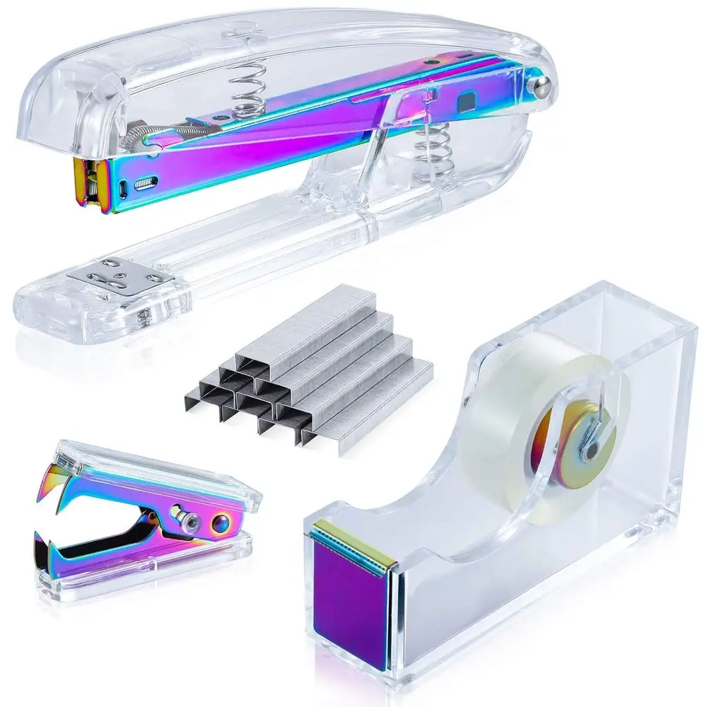 

Acrylic Stapler Set for Desk, Home, and School: Multicolor 1000pcs 26/6 Staples with Tape Dispenser and Remover