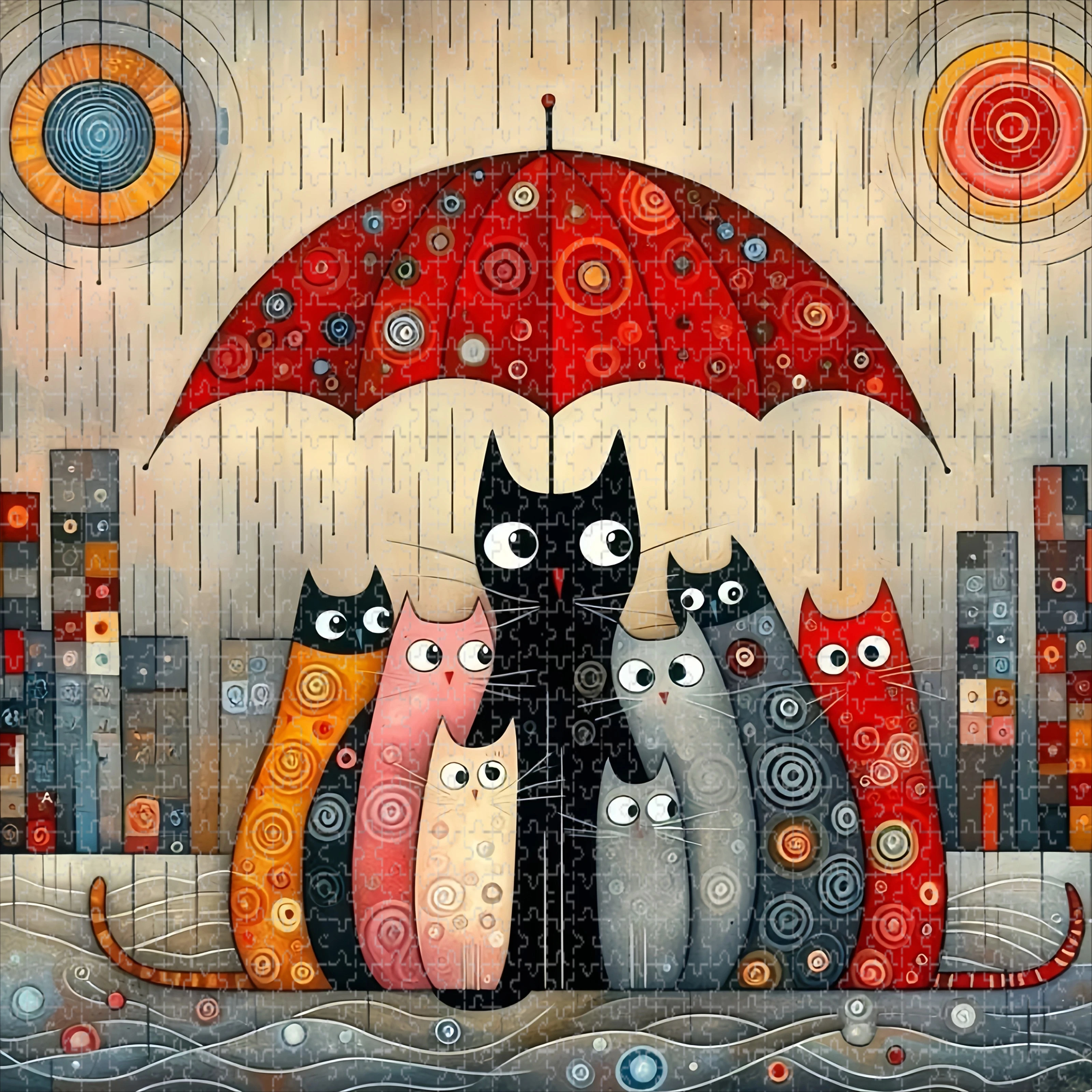 Adult Jigsaw Puzzle 500/1024 Pieces Puzzle Cat Pattern Under Umbrella Paper Puzzle Decorative Painting Exercise Brain Thinking