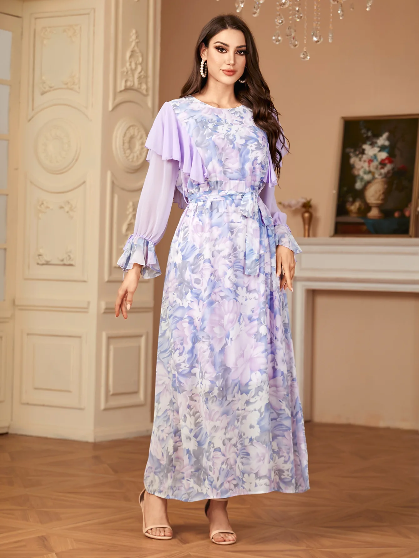 

2024 New Floral Print Party Long Dress Women Vestidos Elegant Ruffle Chiffon Kaftan Muslim Abaya Islamic Clothing Arab Robes