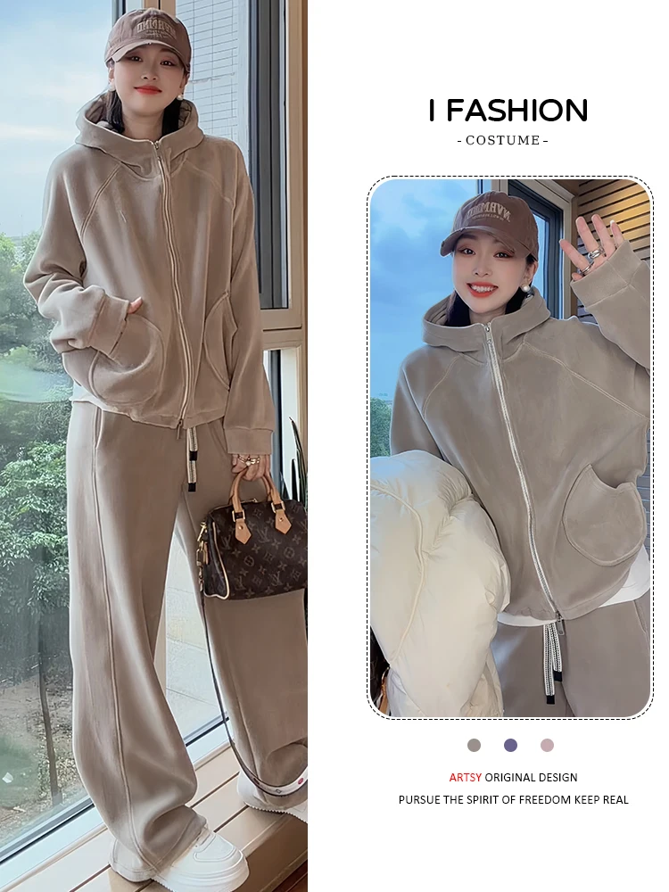 Jaet com capuz Fce dupla face e calças de pernas largas Conjunto Faion de inverno feminino Casual Sle Calças de cintura alta Thiened Wa...