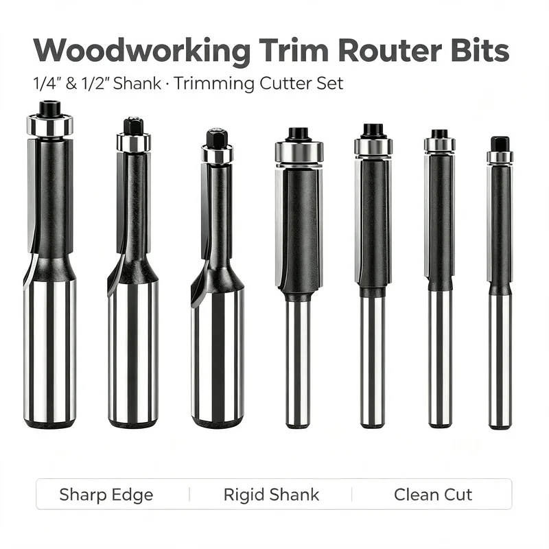 1/4" & 1/2" Shank Trim Router Bits, Woodworking Trimming Cutters for Trimmer, Electric Wood Milling Machine & Engraving Machine
