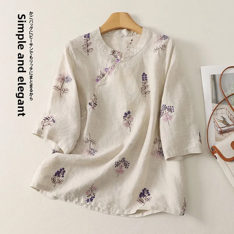 

New Chinese Style Embroidered Heavy Work Shirt Women's Cotton Stand Collar Five Sleeve Length Regular Length Summer Fashion