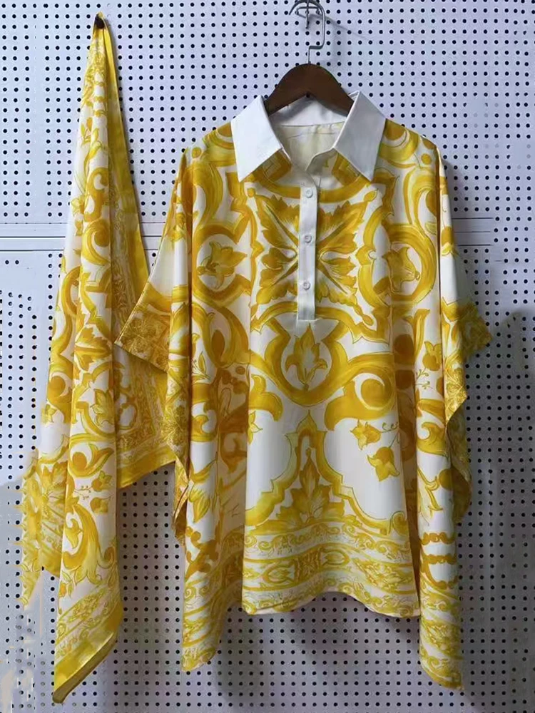 

2025 Summer Women's Retro Geometric Printed Color blocked Collar Hooded Shirt Fashion Versatile Loose Top+Silk Scarf