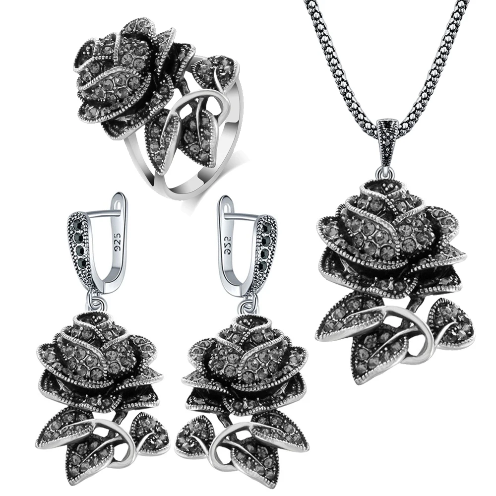 Ajojewel Black Marcasite Rose Flower Jewelry Sets For Women Vintage Necklace Earring And Ring Elegant Gift For Party/Wedding