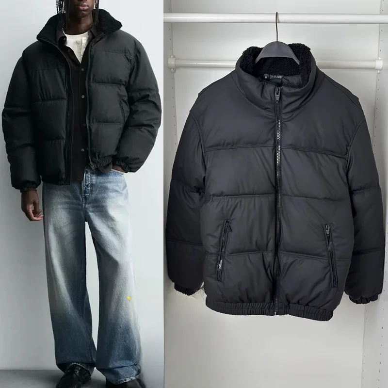 

Thiened Cotton Jaet Men's Zipper Stand Collar Padded Leather Jaet Outerwear Warm Stand Fit Long Sve Pure Color