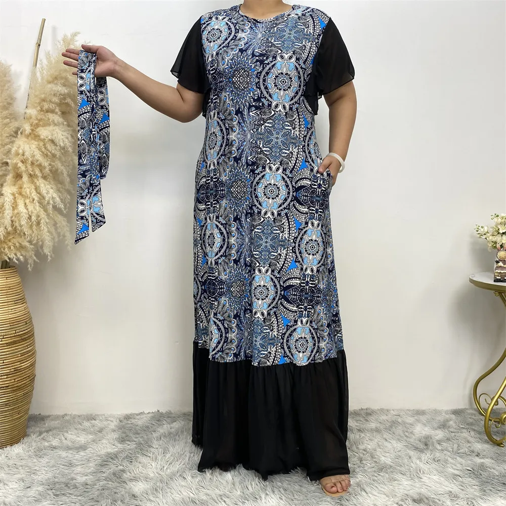 Muzułmański garnitur elegancki Abaya Africa plus size moda Dubai długa z nadrukiem krótki rękaw patchworkowa sukienka długa marońska