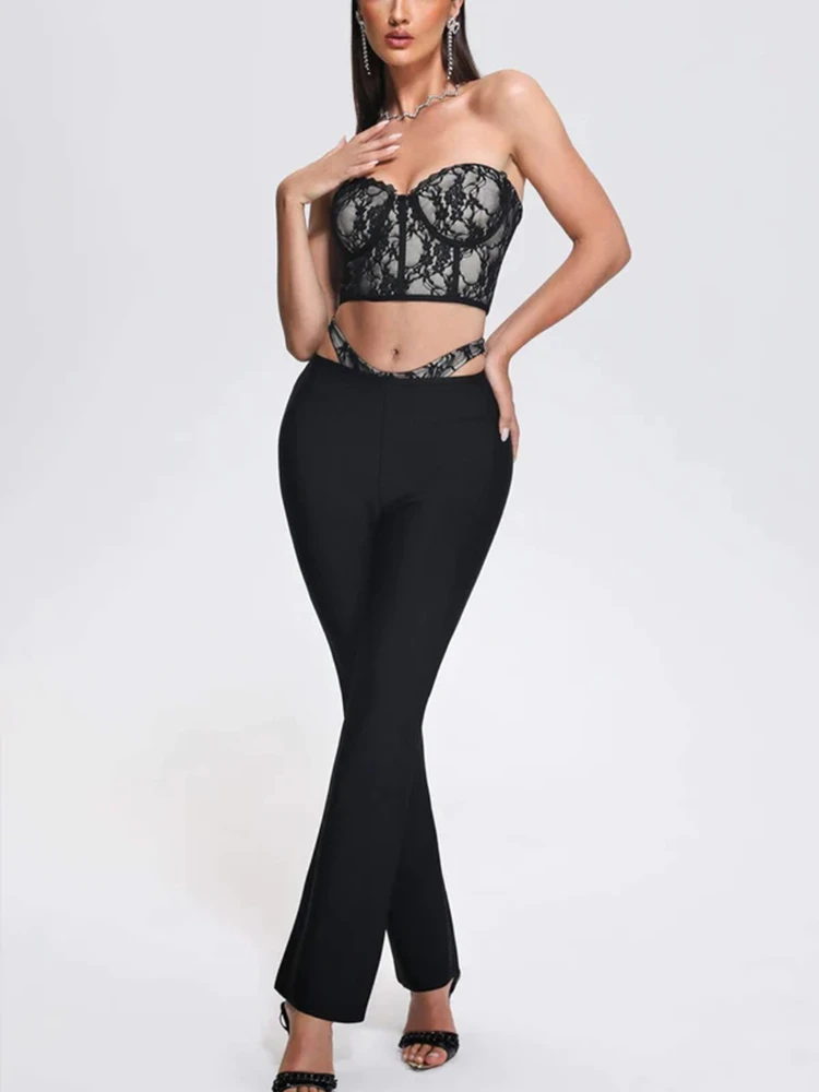 

2023 Women's Sexy, Strapless Lace Tight Bandage 2 Piece Set Elegant Black Short Top Pants Set Nightclub Party Set