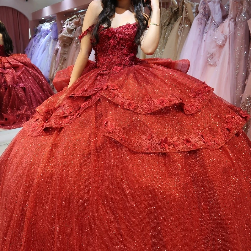 

Red Quinceanera Dress Off The Shoulder Sparkling Applique Lace Beads Tull Princess Ball Gown Sweet 15 Vestidos De XV Años Party