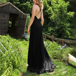 Vintage black satin evening gown A-line deep V-neck simple empire cut high cut graduation party formal