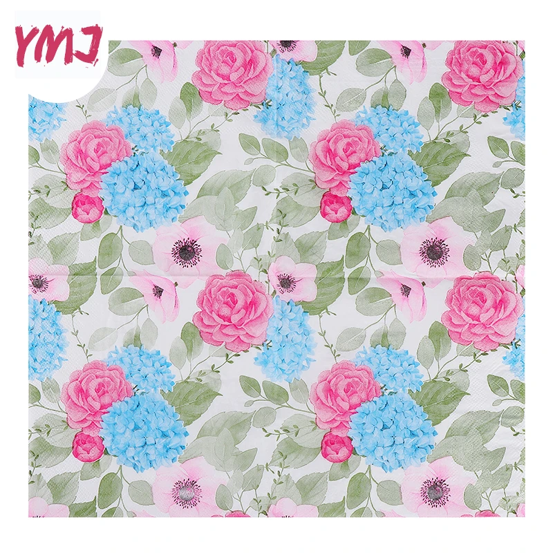 Descartável Rose Hortênsia Impresso Guardanapos, Restaurante Ocidental, Coffee Shop, Festa de Casamento, Pure Wood Paddle, Dinner Paper, 20Pcs por Pac