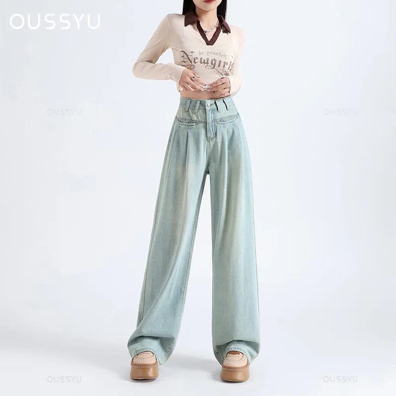 OUSSYU Woman Jeans High Waist Wide Leg Cotton Denim Clothing Loose Straight Pant Fashion Comfort Retro Blue Casual Trousers