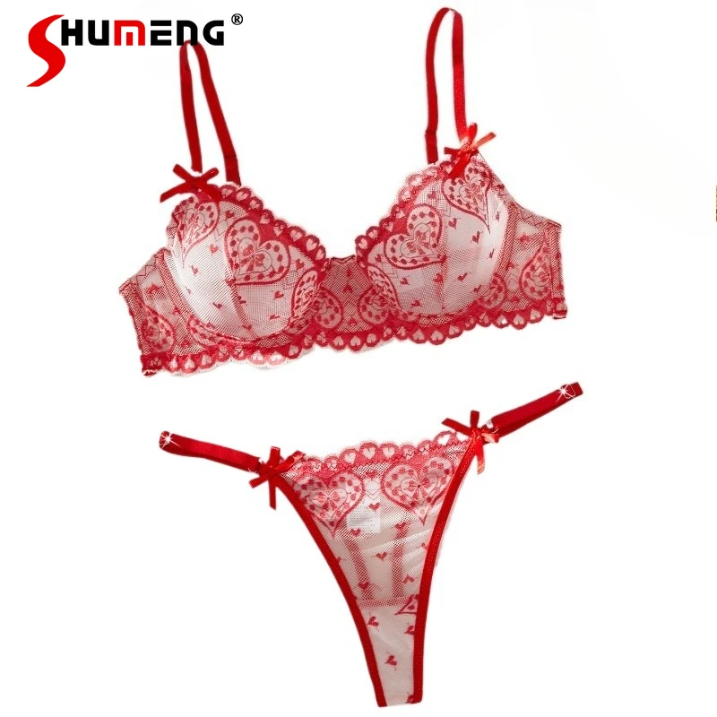 

Красный комплект нижнего белья с вышивкой для женщин в японском стиле, сексуальное белье с косточками, женский комплект с эффектом пуш-ап, прозрачный комплект интимного белья.