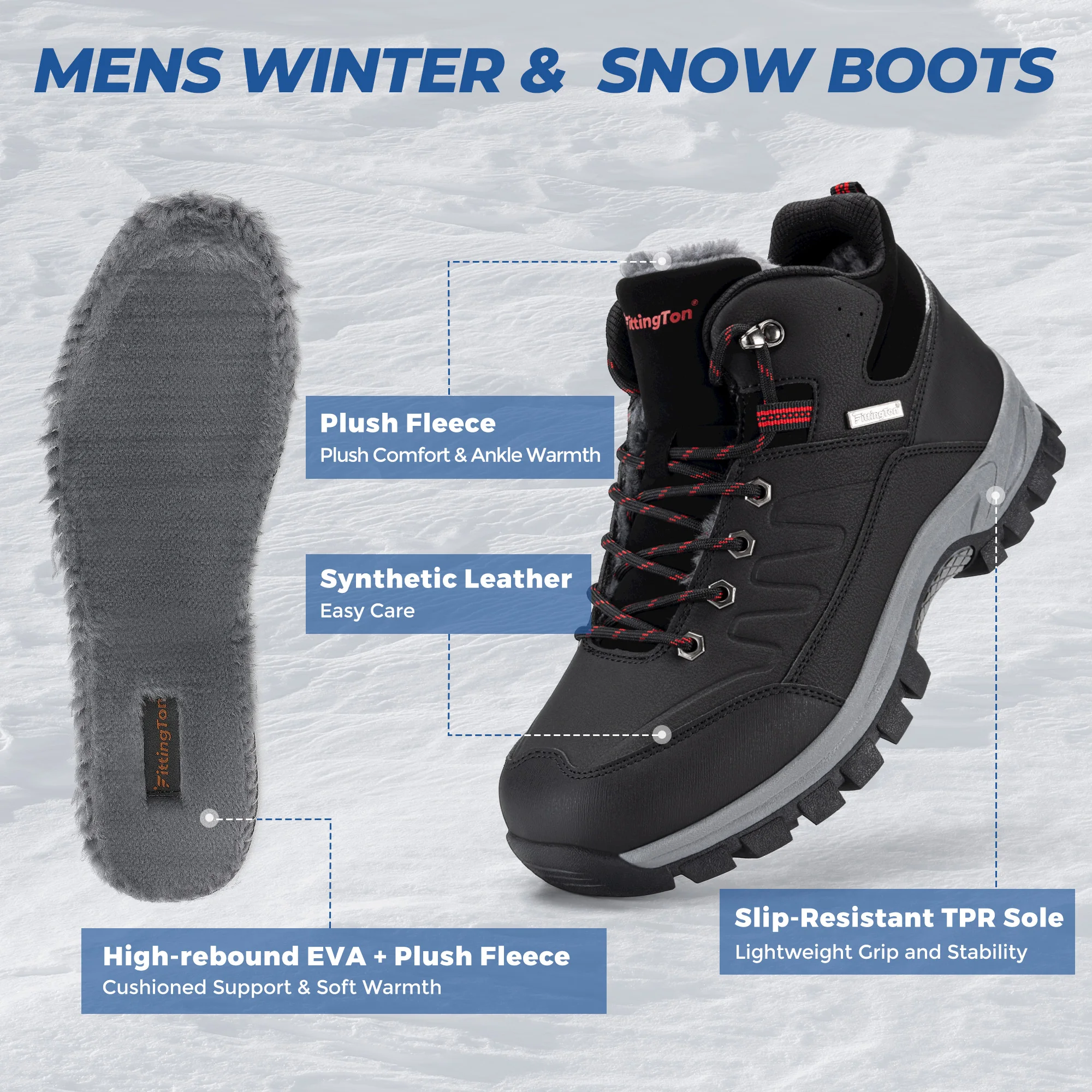 Botas de invierno para hombre de la marca Fittington, con puntera ancha, forro polar, cálidas, antideslizantes, con soporte para el arco del pie, de caña media, ideales para actividades al aire libre y senderismo.