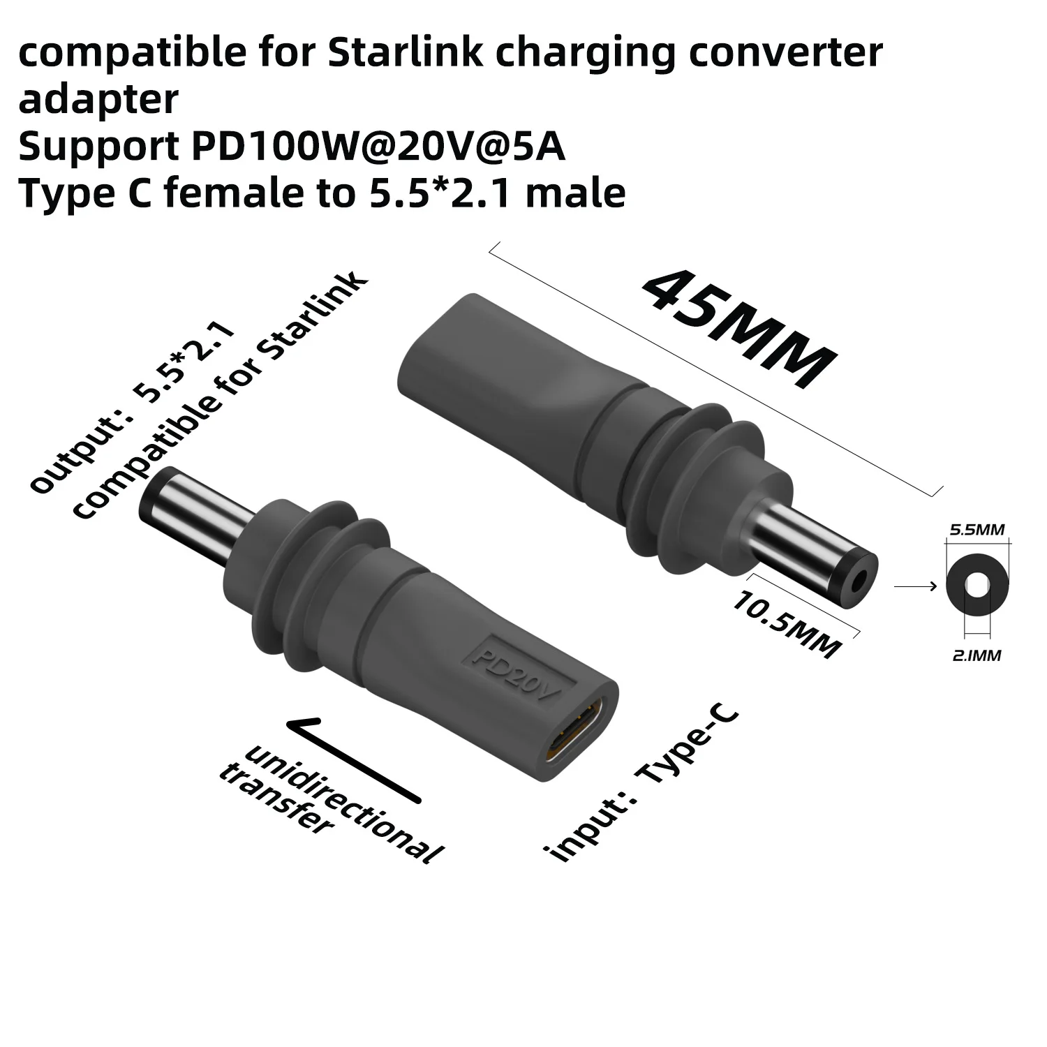 2PCS USB C PD to DC Adapter Type-C to DC5.5x2.1mm Plug 100W 20V/5A Barrel Jack Power Cable Connector for SpaceX Starlink Mini