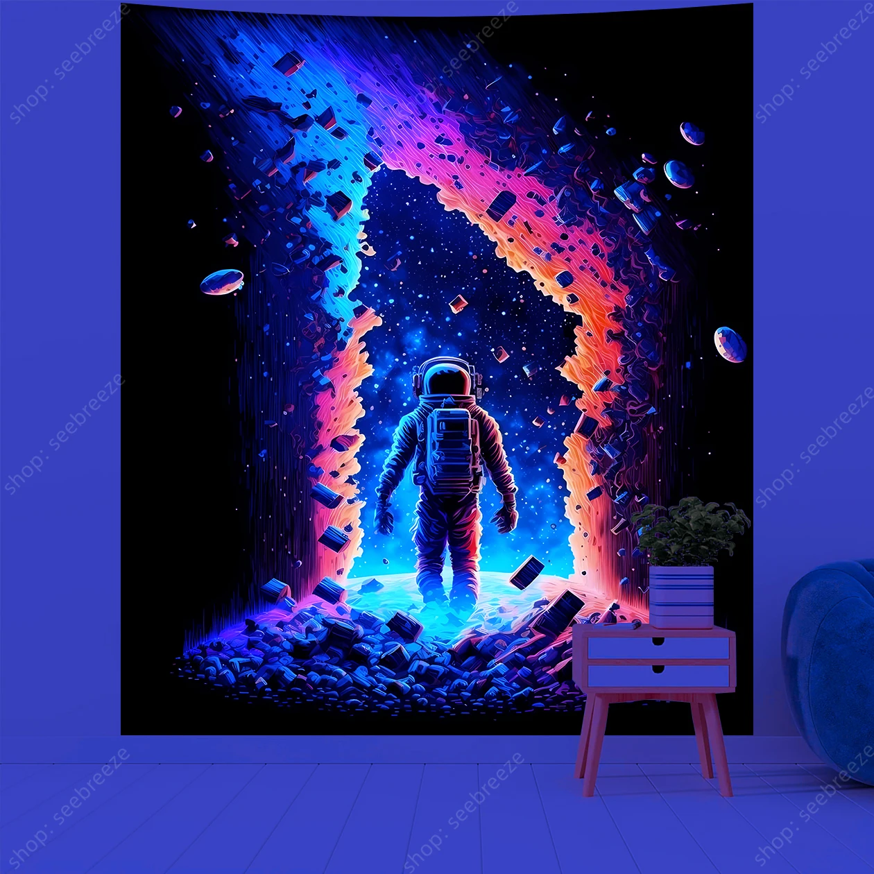 Astronauts Surfing in Space UV Reactive Tapestry Galaxy Space Pilot Wall Hanging Fantasy Outer Space Wall Tapestries Dorm Decor