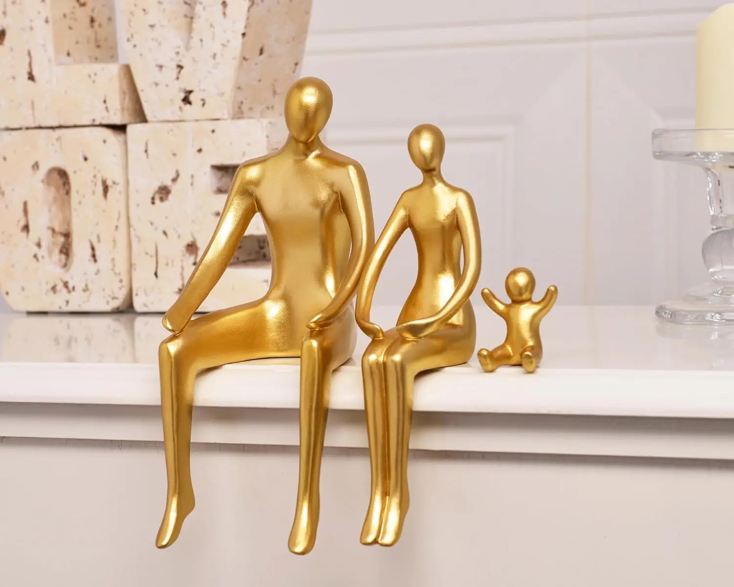 Gold Family Statues 3 Piece Dad-Mom-Child, Abstract Minimalist shelf Decor | Family Sculptures Ornament Figurines for Coffee Tab