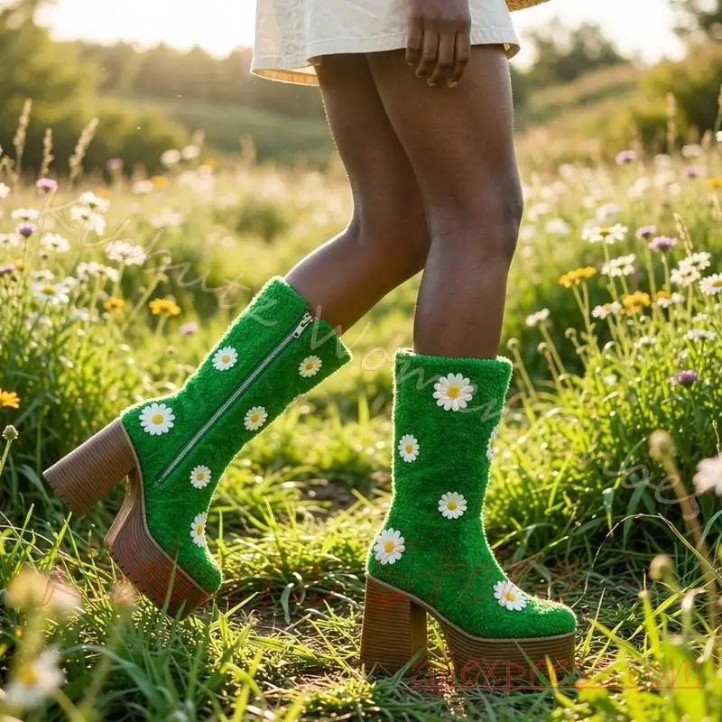 Platform Knee High Boots Stacked Block Heel Daisy Applique Plush Side Zip Women Festival Y2K Style Party Footwear Luxury Sweet