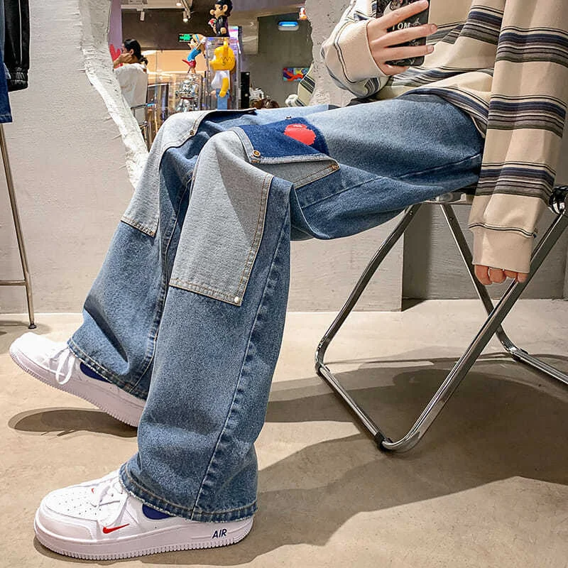 Spring Autumn High Street Casual Male Streetwear Men Jeans Patchwork Multi-Pocket Couple Denim Pants Beggar Style Cargo Pants