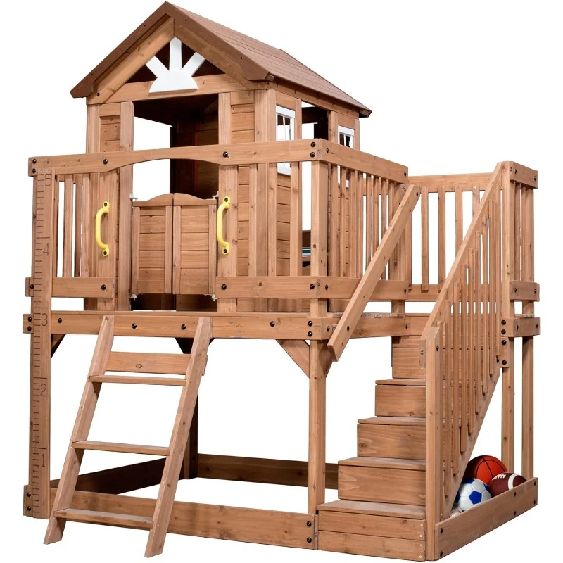 Scenic Heights All Wooden Playhouse, Upper Deck Cottage Style Play Sink, Storage Toy Box, Cushioned Cot home.