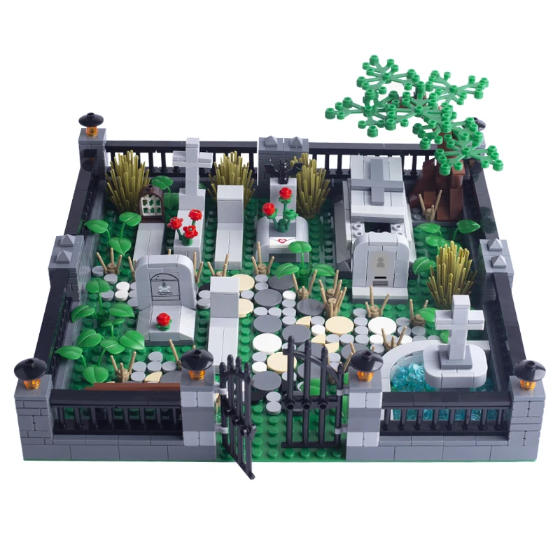 MOC City Cemetery Grave Scene Accessories Building Blocks Halloween Ghost Skeleton Tombstone Trees DIY Children Bricks Toy Gifts