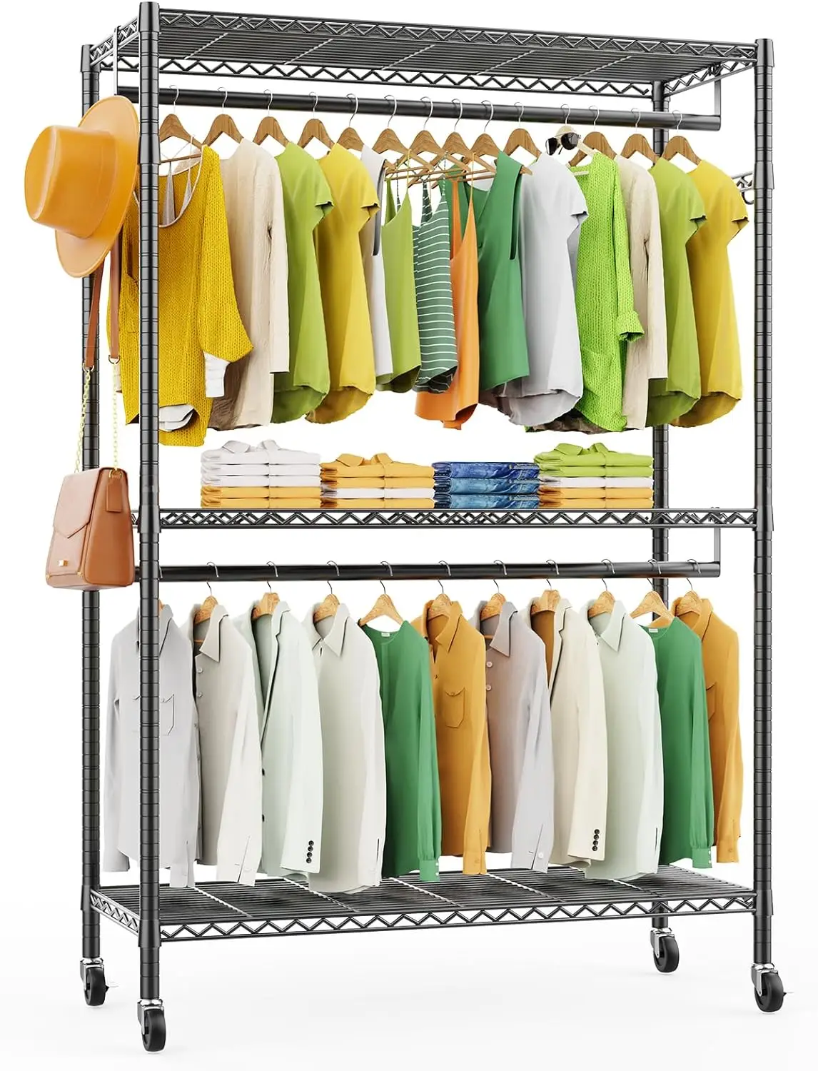 

LEHOM G1L 3 Tiers Garment Rack with Storage Shelves, Heavy Duty Rolling Free-Standing Clothing Rack Closet Organizer with Doubl