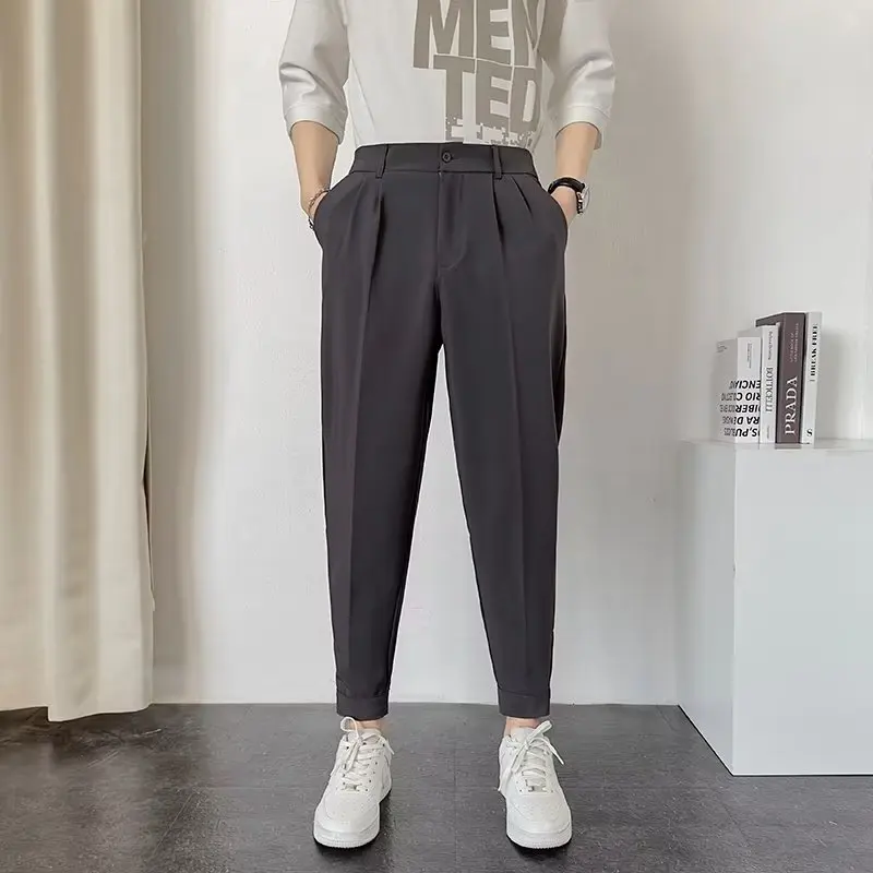 

Fashion Men Casual Pants Elastic Waist Small Feet Slim Korean Style Pleated Tapered Male Blazer Pants Trousers Streetwear