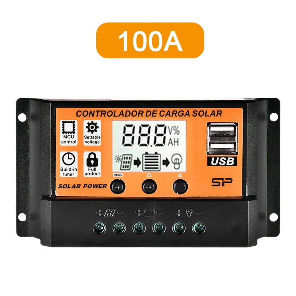 PWM Solar Charge Controller 30A 50A 100A with LCD Display Dual USB 5V Auto Identify Battery Type for Solar Panel RV Marine Home